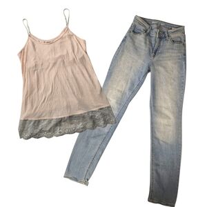 Pink Lace Trim Tank Top and Light Blue Jeans